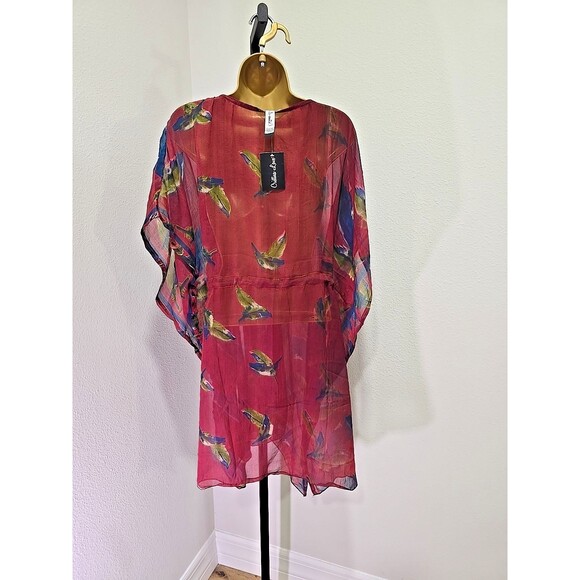 Red Multicolor Tassel Tie Sheer Blouse Top OS Boho Floral Oversized Fairy Grunge - Picture 5 of 7